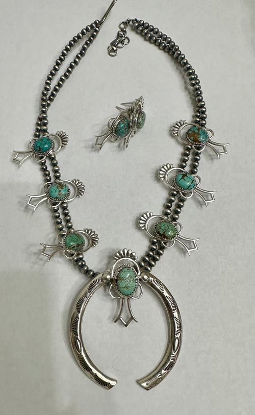 Handmade Sterling Silver, Number 8 Turquoise Squash Blossom Set