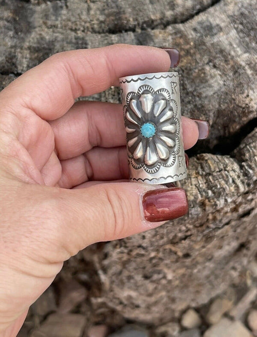 Navajo Sterling and Turquoise Southwest Hand Stamped Hair Ponytail / Braid Accessory 1.5 inch