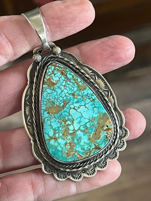Hand Stamped Sterling Silver & Royston Turquoise Pendant by Kimari Somers