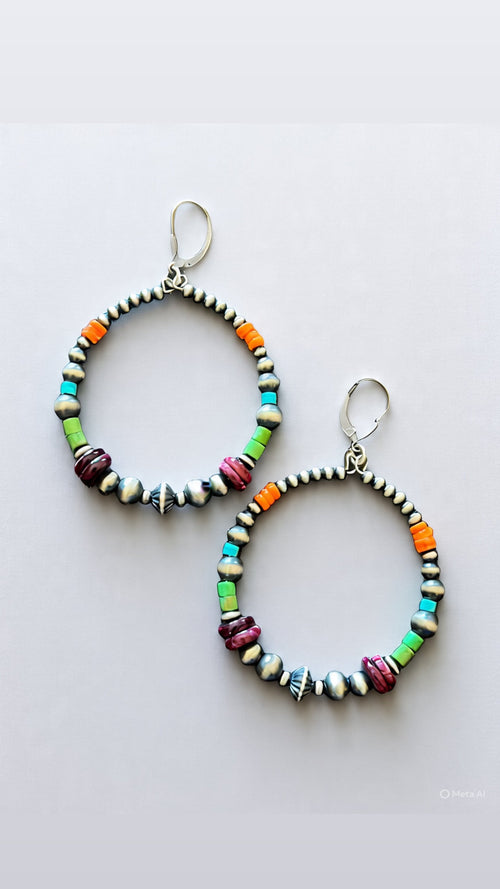 Navajo Made Electric Rainbow 2 Inch Sterling Silver, Turquoise & Spiny Oyster Beaded Hoop Earrings, Leverback