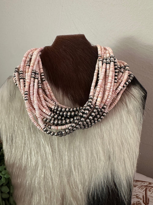 Navajo Pink Conch & Sterling Silver Beaded Necklace 16”