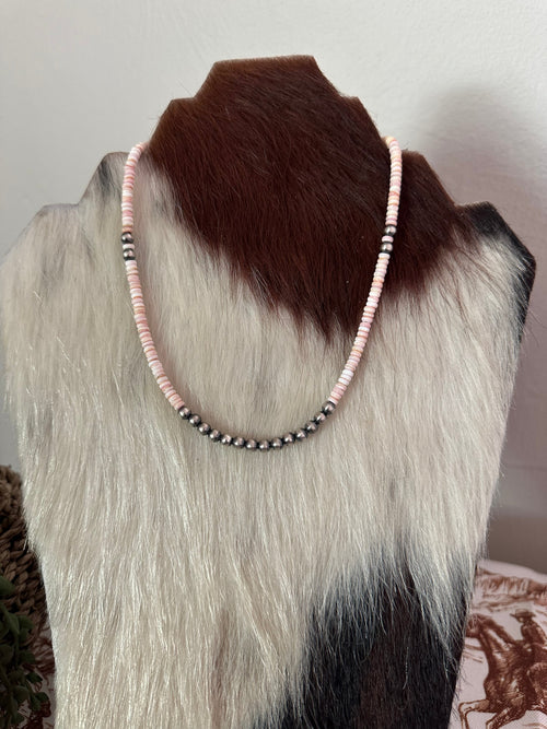 Navajo Pink Conch & Sterling Silver Beaded Necklace 16”