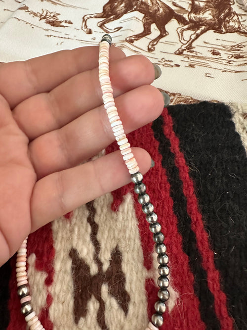 Navajo Pink Conch & Sterling Silver Beaded Necklace 16”