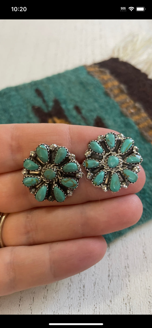 “The Sonoita” Navajo Sterling Silver & Turquoise Cluster Stud Earrings 1”