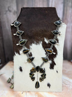 Handmade Sterling Silver Black Jack Squash Blossom Necklace with Signed Nizhoni