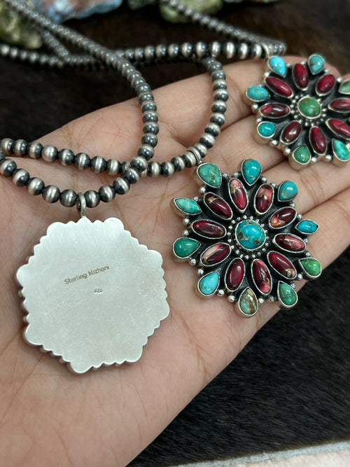 Handmade Sterling Silver Dahlia Rose with Emerald Valley Turquoise Beaded/ Flower Necklace, Signed Nizhoni
