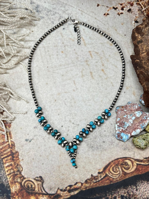 Handmade Sterling Silver Kingman Turquoise Beaded Necklace with Signed Nizhoni