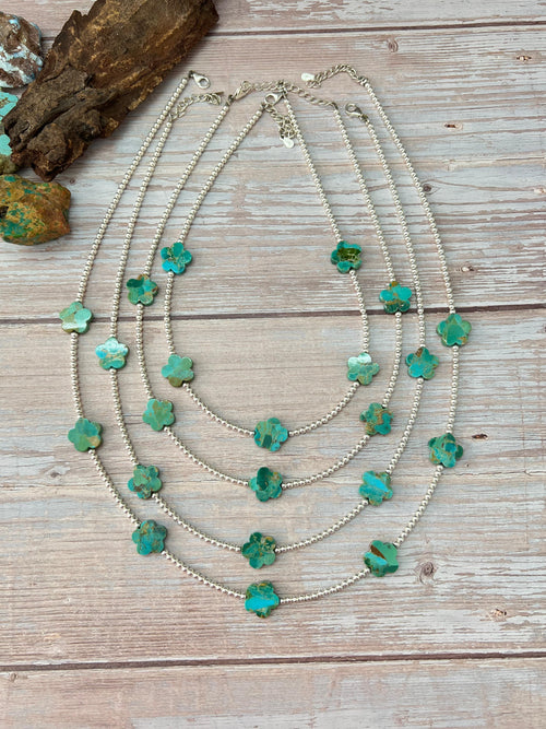 Handmade Sterling Silver Kingman Turquoise Beaded Flower Necklace
