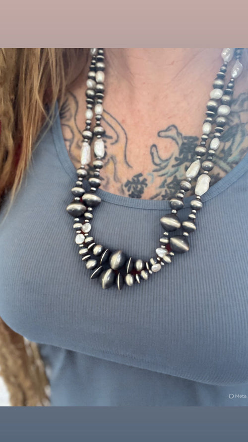 Navajo Sterling Silver and Freshwater Pearl Handmade Beaded Necklace by Rose Martin, 26 Inches