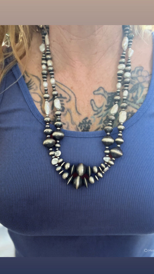 Navajo Sterling Silver and Freshwater Pearl Handmade Beaded Necklace by Rose Martin, 26 Inches