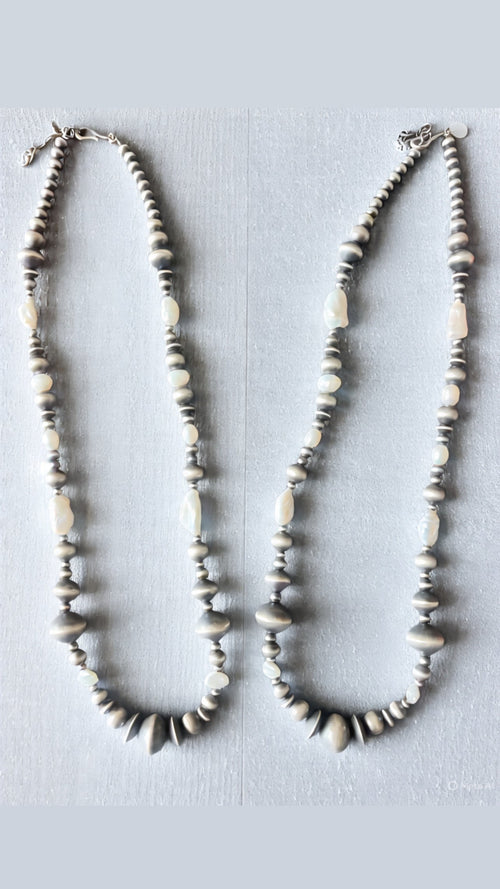 Navajo Sterling Silver and Freshwater Pearl Handmade Beaded Necklace by Rose Martin, 26 Inches