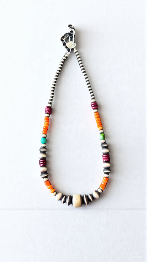 Navajo Electric Rainbow Sterling Silver, Turquoise and Spiny Oyster Single Strand Beaded Necklace by Rose Martin, 16 + 2 Inches