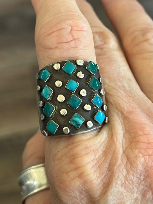 Old Pawn Sterling Silver and Diamond Turquoise Snake Eye Cigar Band Style Ring, Size 10.5