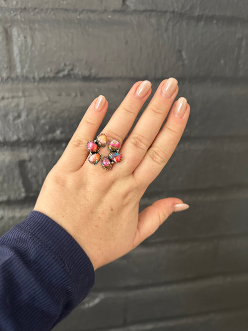 Nizhoni Handmade Pink Dream & Sterling Silver Adjustable Flower Ring