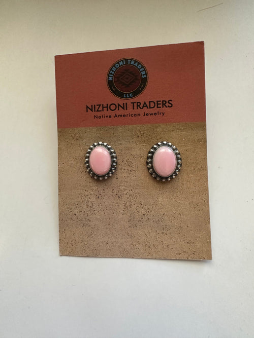 Navajo Queen Pink Conch & Sterling Silver Studded Border Oval Earrings Signed J Frank