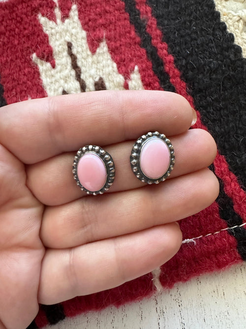 Navajo Queen Pink Conch & Sterling Silver Studded Border Oval Earrings Signed J Frank