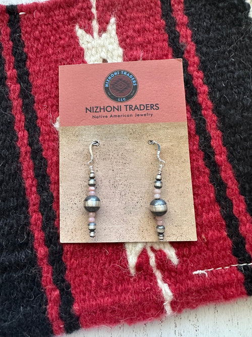 Navajo Sterling Silver & Pink Conch Beaded Dangle Earrings