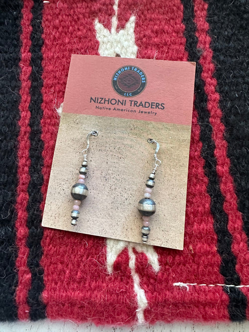 Navajo Sterling Silver & Pink Conch Beaded Dangle Earrings