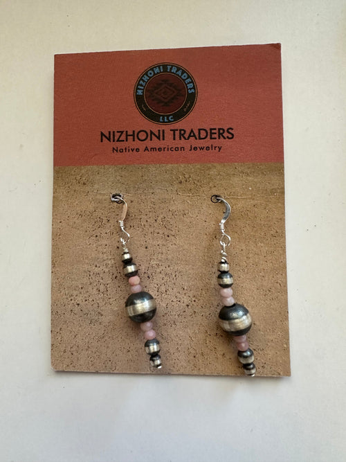 Navajo Sterling Silver & Pink Conch Beaded Dangle Earrings