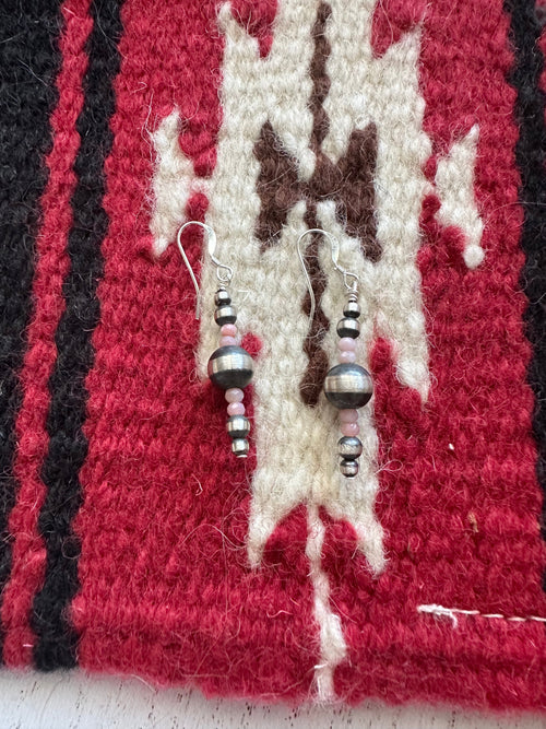 Navajo Sterling Silver & Pink Conch Beaded Dangle Earrings