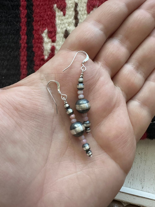 Navajo Sterling Silver & Pink Conch Beaded Dangle Earrings