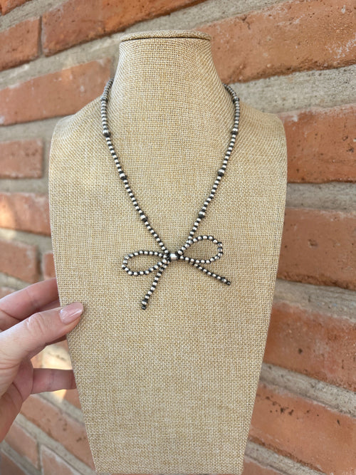 Handcrafted Made 4-8mm Sterling Silver Pearl Beaded Bow Tie  Necklace 16 inches long
