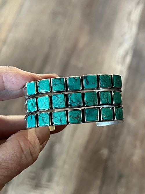 Vintage Sterling Silver and Turquoise Triple Row Square Stone Cuff