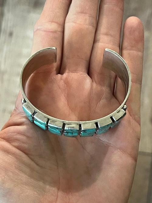 Vintage Sterling Silver and Turquoise Triple Row Square Stone Cuff
