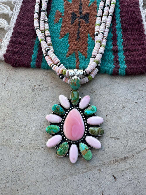 P Yazzie Navajo Sterling Silver, Pink Conch & Turquoise Beaded Necklace With Pendant Signed