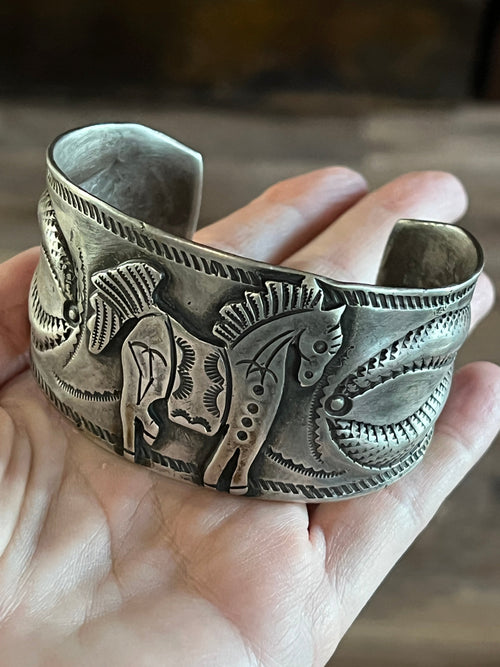 Hand Forged Old Pawn Sterling Silver Ingot Cuff Bracelet by Santa Fe Artist, Buffalo: The Equine