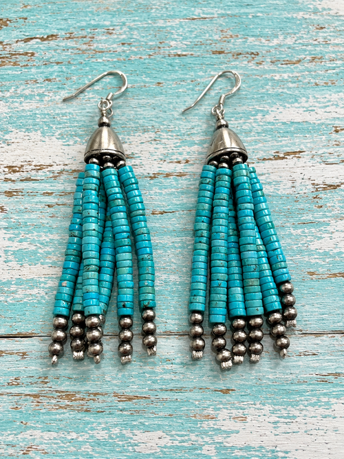 Handcrafted Lighter Turquoise & Sterling Silver Pearl Beaded Tassel Dangle Earrings