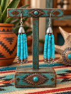 Handcrafted Lighter Turquoise & Sterling Silver Pearl Beaded Tassel Dangle Earrings