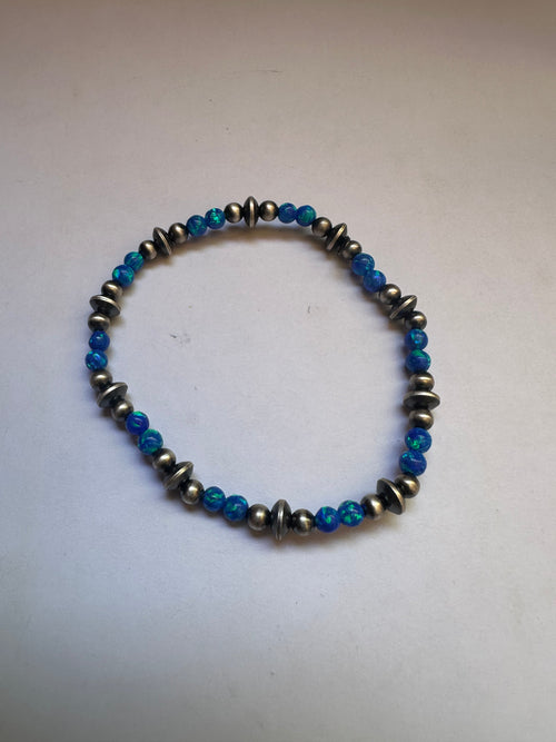 Handmade Blue Fire Opal & Sterling Silver Beaded Bracelet