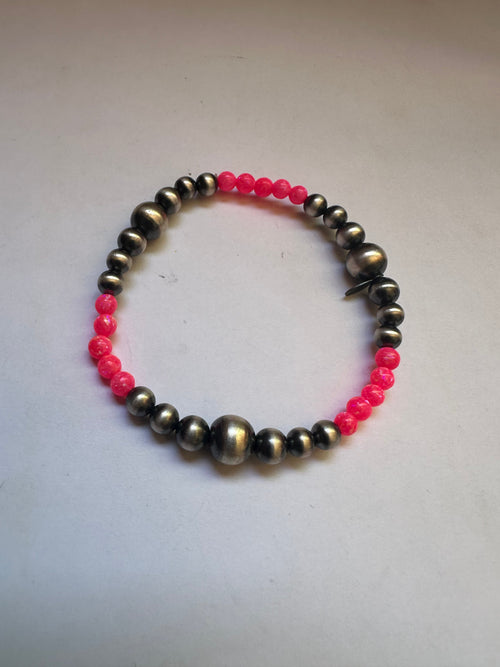 Handmade Hot Pink Fire Opal & Sterling Silver Beaded Bracelet