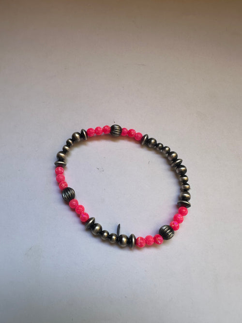 Handmade Hot Pink Fire Opal & Sterling Silver Beaded Bracelet