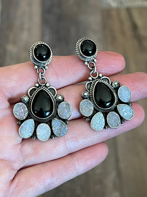 Navajo Sterling Silver, Black Onyx and Angel Aura Druzy Quartz Cluster Earrings by Tyler Brown