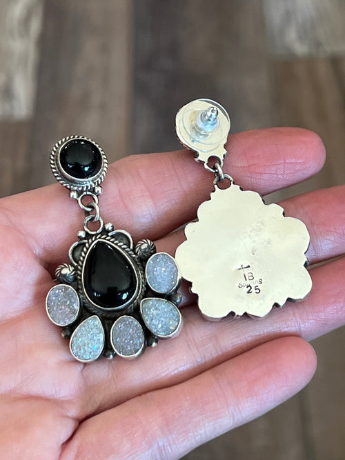 Navajo Sterling Silver, Black Onyx and Angel Aura Druzy Quartz Cluster Earrings by Tyler Brown