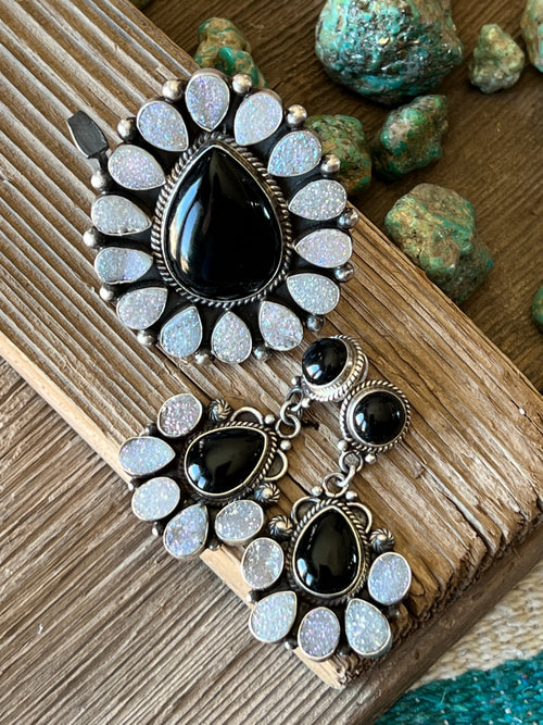 Navajo Sterling Silver, Black Onyx and Angel Aura Druzy Quartz Cluster Earrings by Tyler Brown