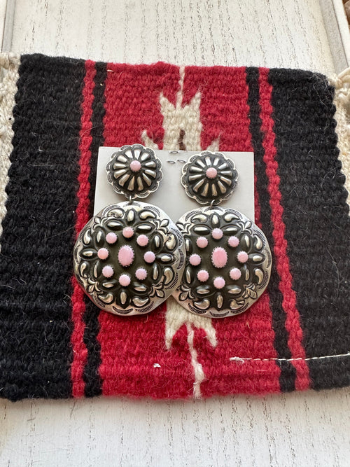 Navajo Queen Pink Conch & Sterling Silver Concho Dangle Earrings