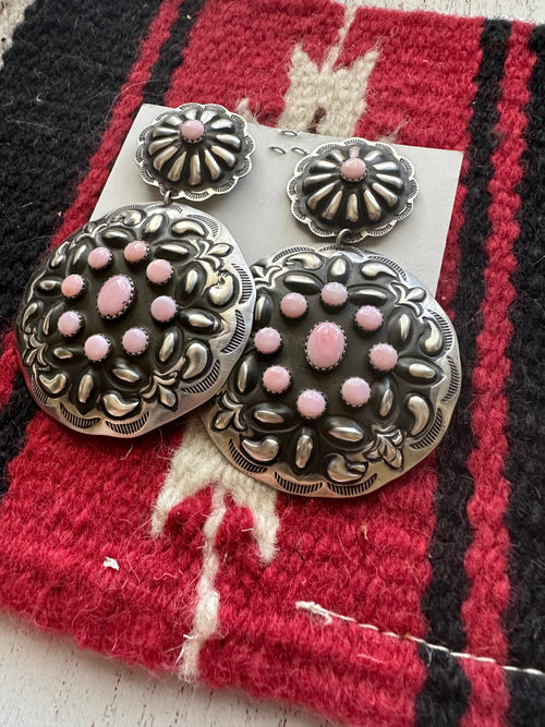 Navajo Queen Pink Conch & Sterling Silver Concho Dangle Earrings