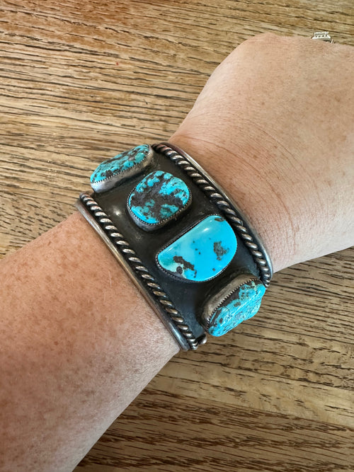 Navajo Old Pawn Natural Kingman Turquoise & Sterling Silver Cuff Bracelet