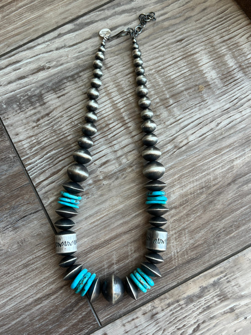 Navajo Sterling Silver and Kingman Turquoise Handmade Beaded Necklace by Rose Martin, 18 Inches