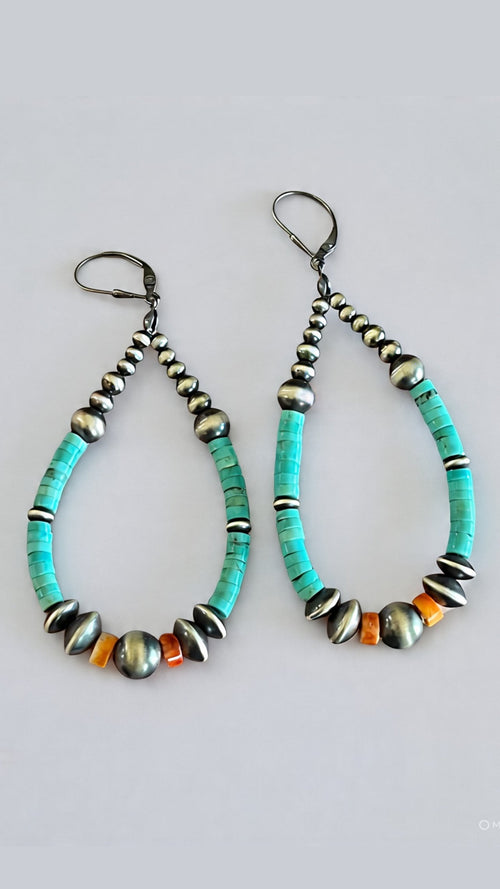 Navajo Made Sterling Silver, Kingman Turquoise and Orange Spiny Oyster Beaded Teardrop Hoop Earrings, Leverbacz