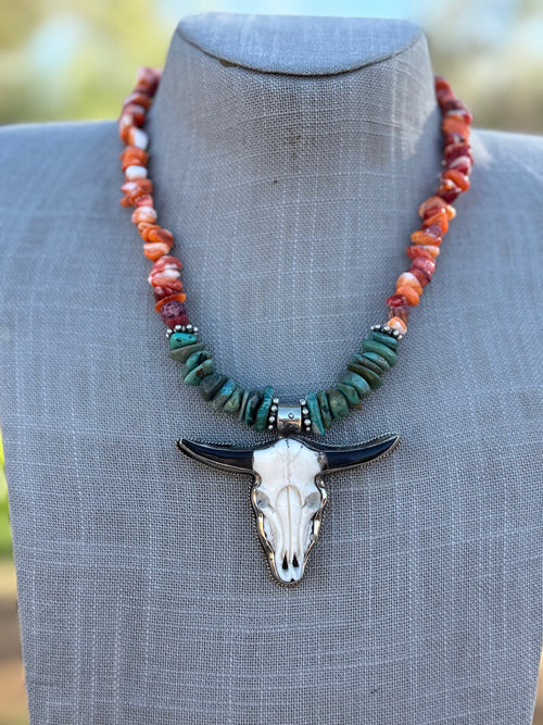 Paige Wallace Turquoise, Spiny & Sterling Silver Beaded Bullhead Pendant Necklace