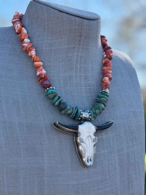 Paige Wallace Turquoise, Spiny & Sterling Silver Beaded Bullhead Pendant Necklace