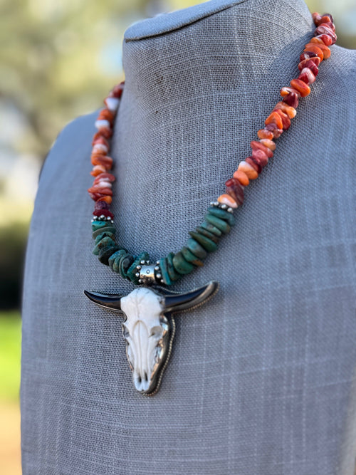 Paige Wallace Turquoise, Spiny & Sterling Silver Beaded Bullhead Pendant Necklace