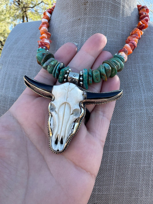 Paige Wallace Turquoise, Spiny & Sterling Silver Beaded Bullhead Pendant Necklace