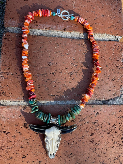 Paige Wallace Turquoise, Spiny & Sterling Silver Beaded Bullhead Pendant Necklace