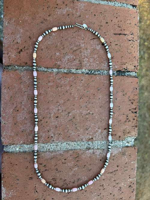 Handcrafted Pink Conch & Sterling Silver 3-5mm Beaded Necklace 24"
