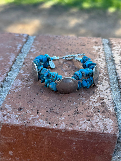 Paige Wallace Handmade Turquoise & Sterling Silver Beaded 2 Strand Bracelet 8"